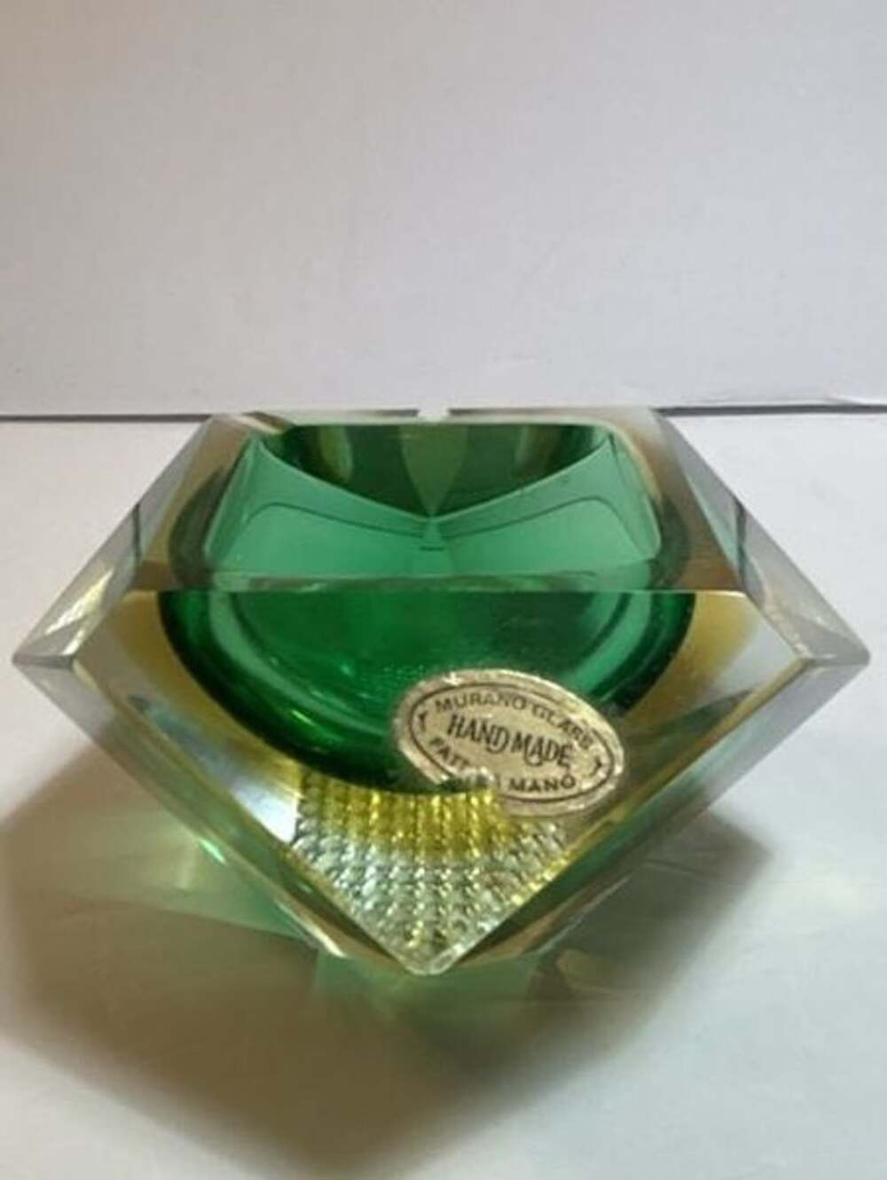 Vintage Murano Sommerso Faceted Green and Yellow Art Glass Ashtray / Bowl